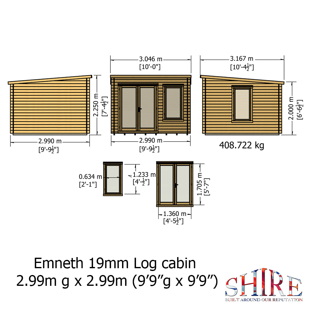 Shire Emneth Pent Log Cabin in 19mm Logs 10x10