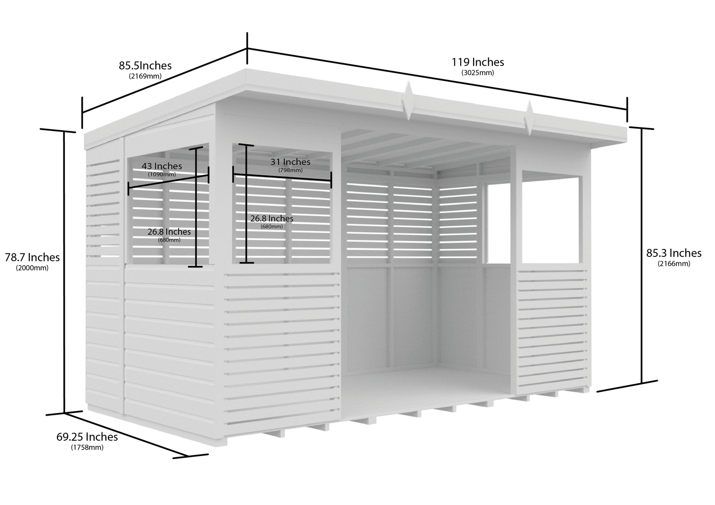 Elmstead Pent BBQ Shelter Dimensional Drawings