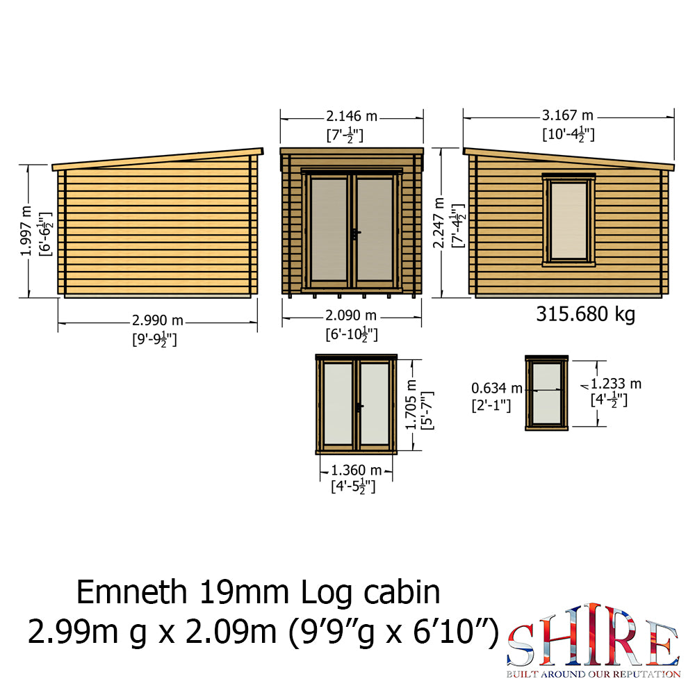 Shire Emneth Pent Log Cabin in 19mm Logs 10x7
