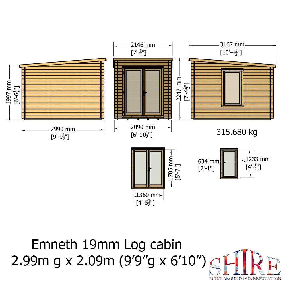 Shire Emneth Pent Log Cabin in 19mm Logs 10x7