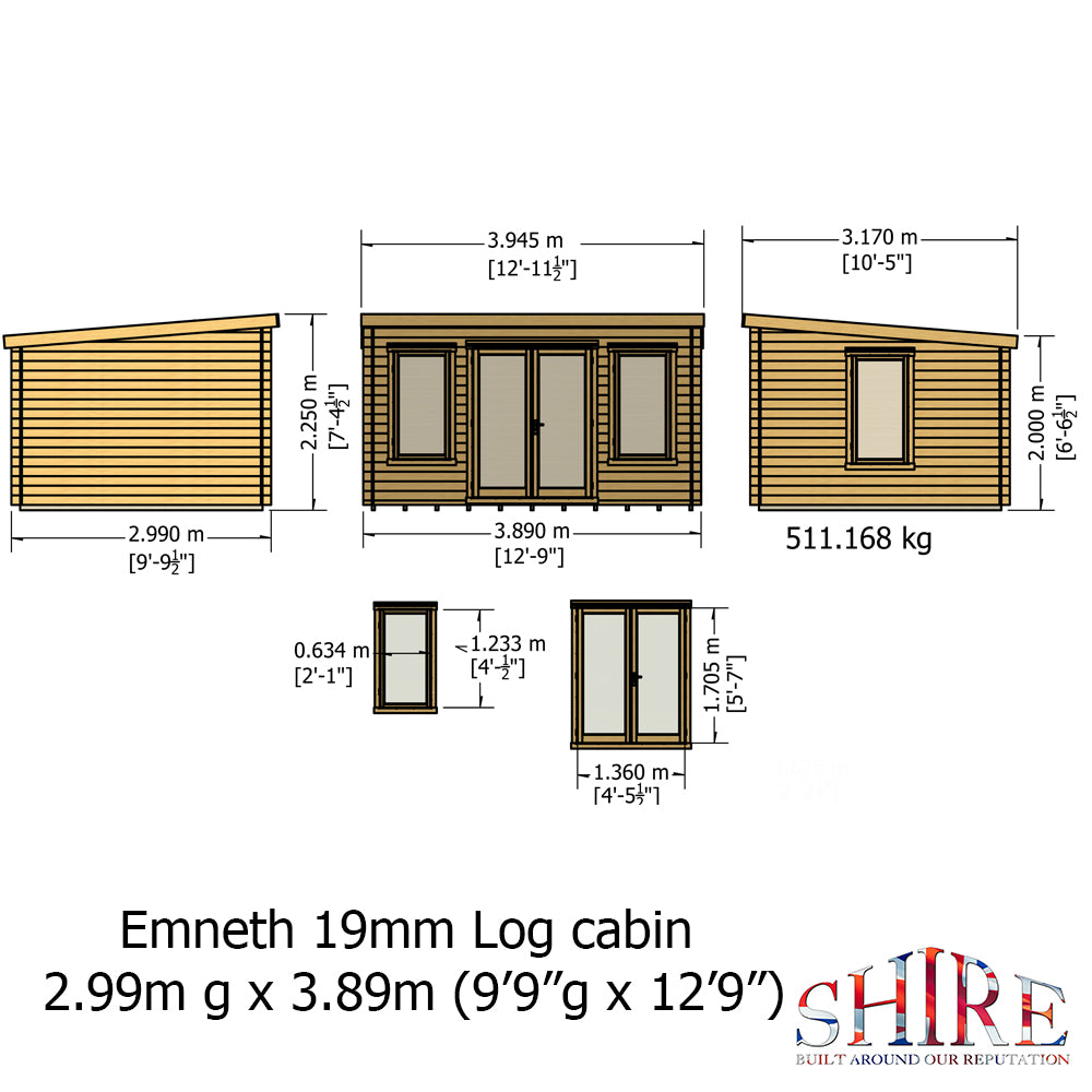 Shire Emneth Pent Log Cabin in 19mm Logs 10x13