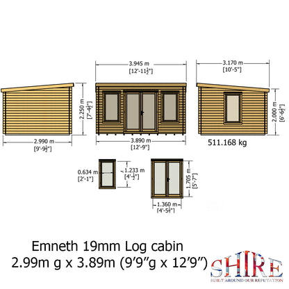 Shire Emneth Pent Log Cabin in 19mm Logs 10x13