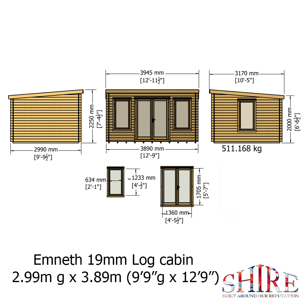 Shire Emneth Pent Log Cabin in 19mm Logs 10x13
