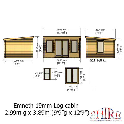 Shire Emneth Pent Log Cabin in 19mm Logs 10x13