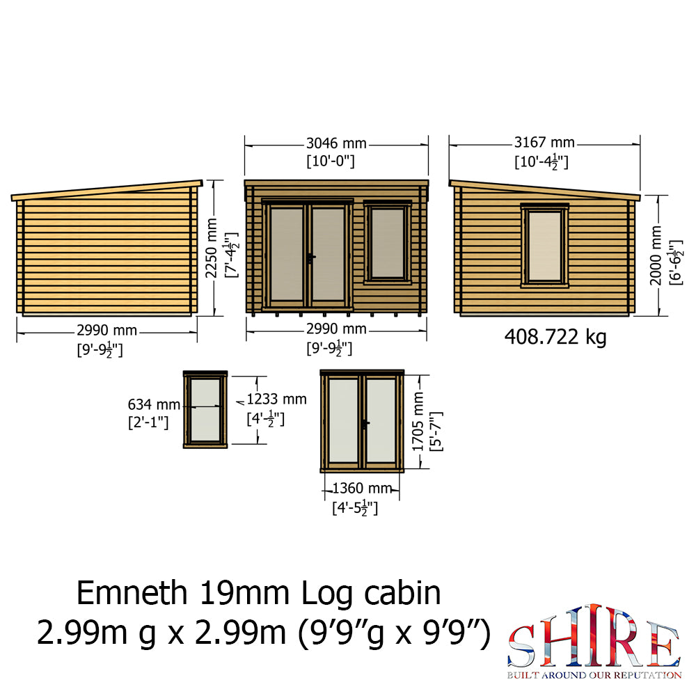 Shire Emneth Pent Log Cabin in 19mm Logs 10x10
