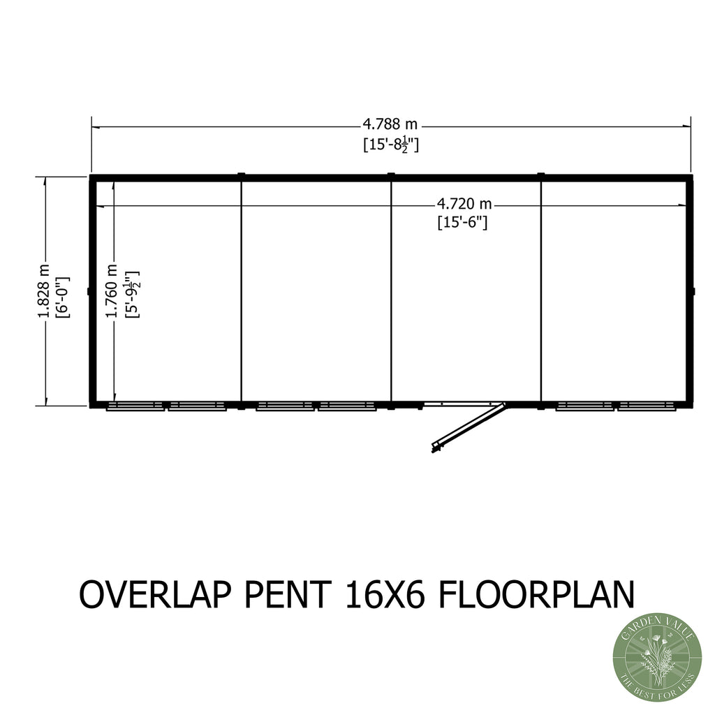 Shire Pent Dip Treated Overlap Value Garden Shed 16x6 With Windows