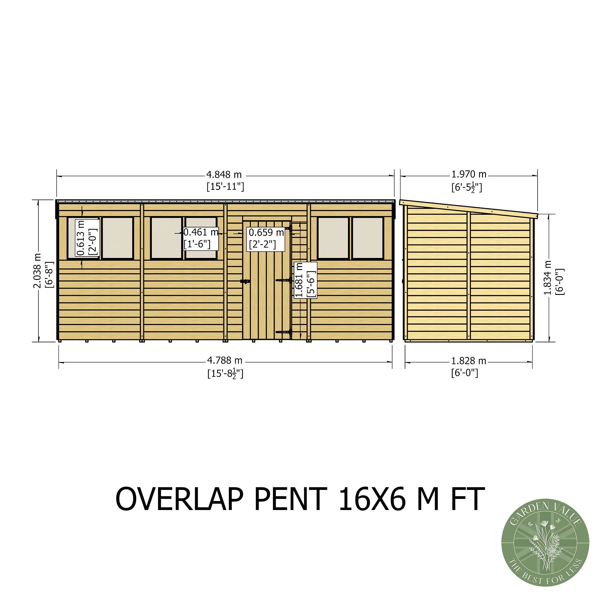 Shire Pent Dip Treated Overlap Value Garden Shed 16x6 With Windows