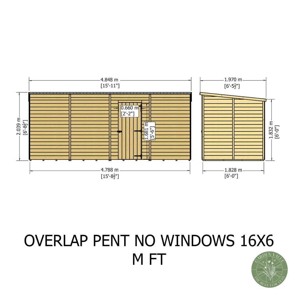 Shire Pent Dip Treated Overlap Value Garden Shed 16x6 Without Windows