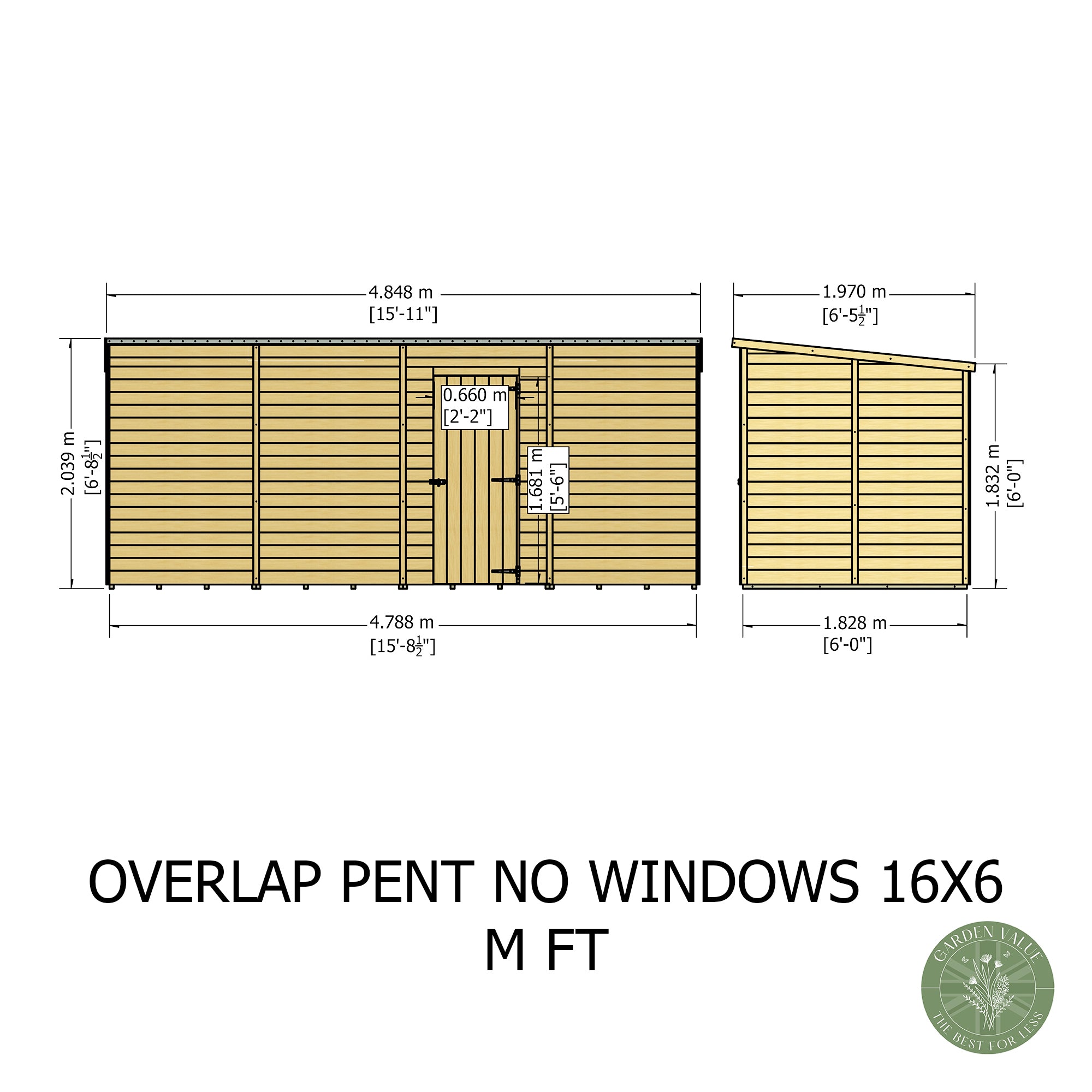 Shire Pent Dip Treated Overlap Value Garden Shed 16x6 Without Windows