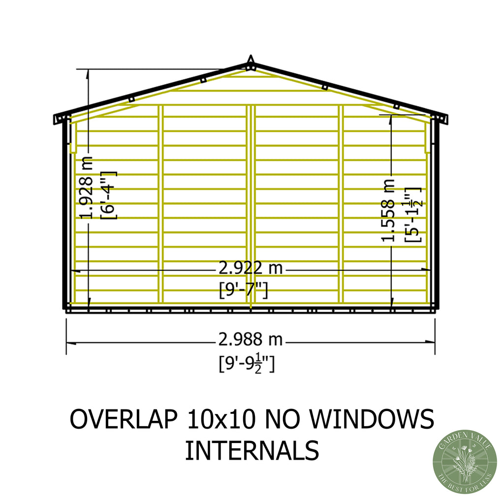 Shire Apex Dip Treated Overlap Garden Shed 10x10 Single Door Without Windows Internal Dimensions