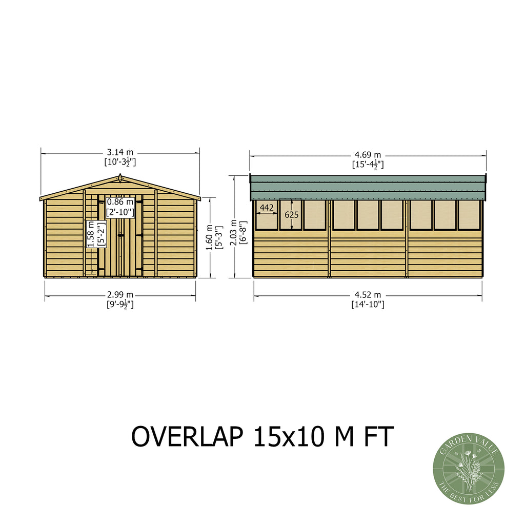 Shire Apex Dip Treated Overlap Garden Shed 15x10 Double Door WithWindows External Dimensions