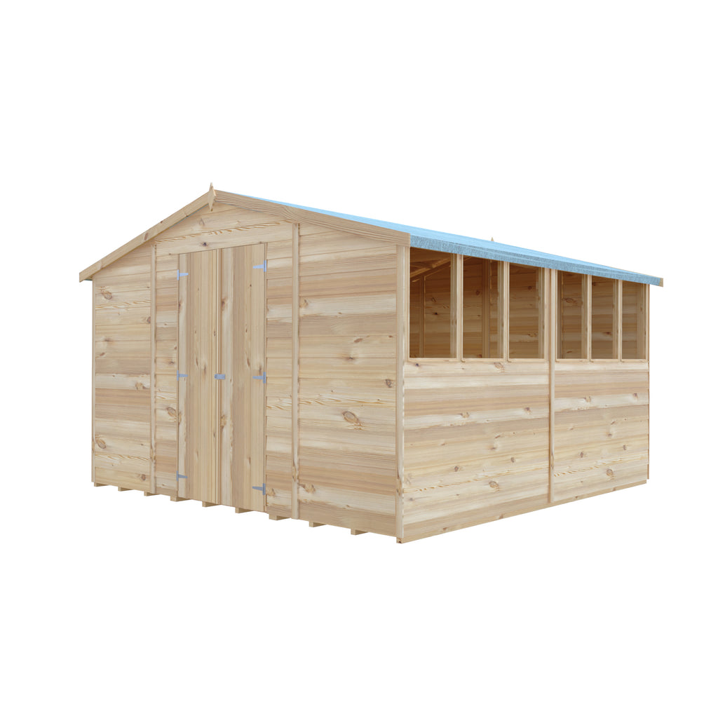 Shire Apex Dip Treated Overlap Garden Shed 10x10 Double Door With Windows