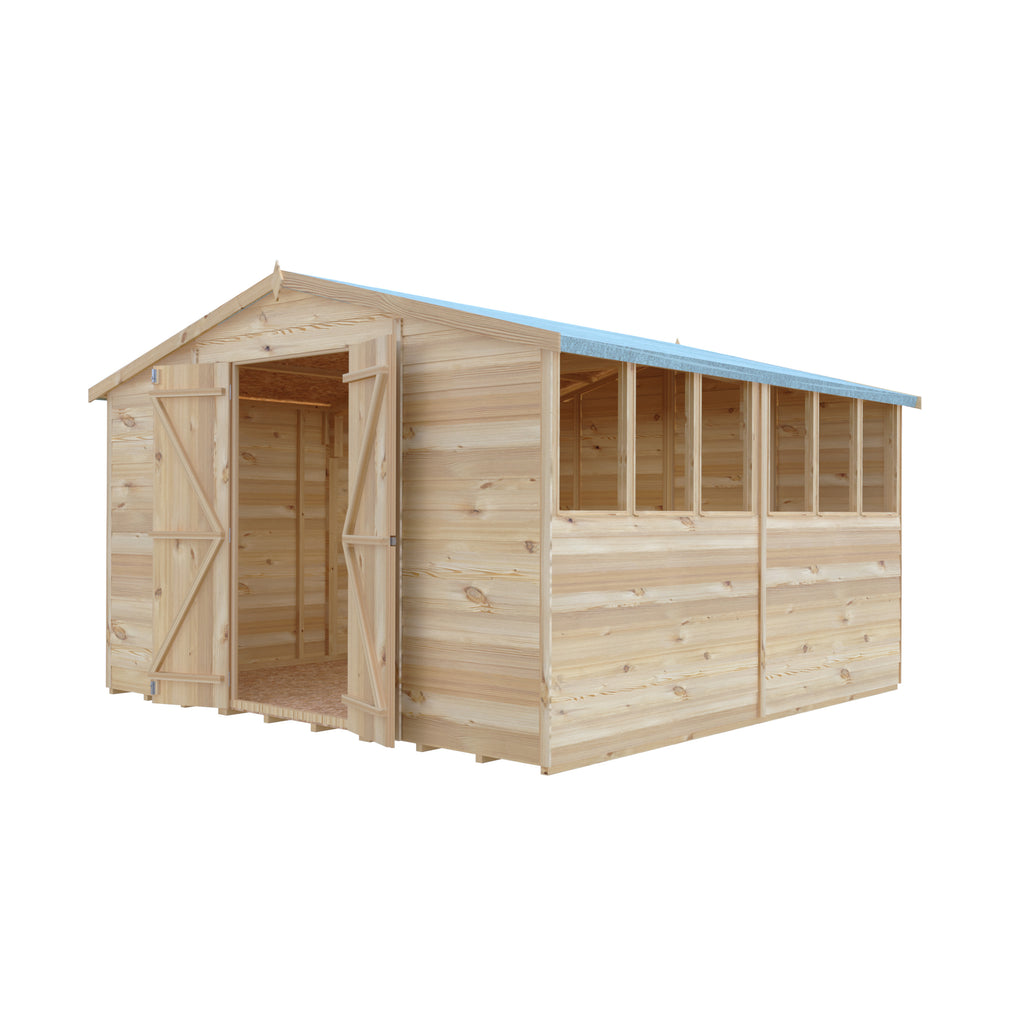 Shire Apex Dip Treated Overlap Garden Shed 10x10 Double Door With Windows